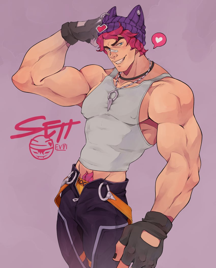 1boy biceps clothed clothing cocky evviart fingerless_gloves flexing gloves hat heartsteel_series heartsteel_sett league_of_legends looking_at_viewer male male_focus male_only muscular muscular_arms muscular_chest muscular_male naughty_face open_pants pants_open pecs pink_hair sett smile smiling_at_viewer smirk smirking_at_viewer smug solo solo_male standing tank_top tight_clothing visible_underwear zipper_down