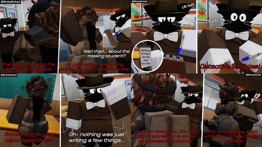 2boys 3d binkedinked black_fur clothed comic detective dialogue english_text furry hugging jossef_(furkobayashi) roblox robloxian scribles_(binkedinked) source_request tagme text twitter_username whiskers