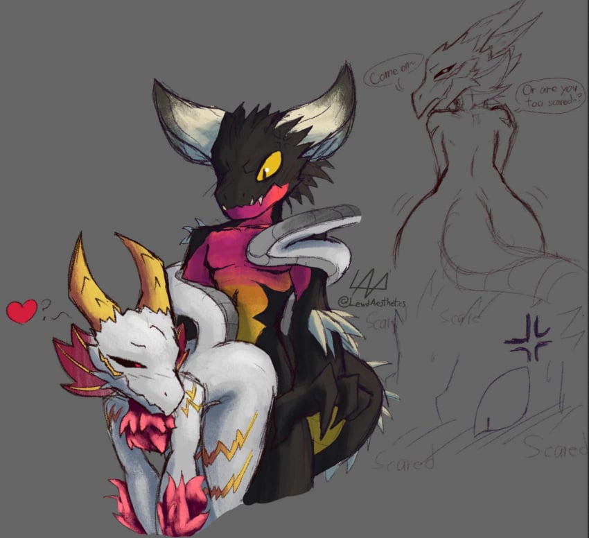 ambiguous/ambiguous ambiguous_gender angry animal_humanoid anthro ass black_body black_scales blush blush_lines capcom cross-popping_vein dragon duo elder_dragon enticing fin fluffy_chest flustered head_spikes heart_symbol hi_res horn humanoid inviting_to_sex kobold lewdaesthetics looking_at_another looking_at_partner malzeno monster_hunter mythological_creature mythological_scalie mythology nergigante nerotura presenting presenting_hindquarters red_eyes red_fluff scales scalie scalie_humanoid spikes spikes_(anatomy) spikey_tail spines tail teasing thick_tail white_body white_scales wrapped_tail wrapped_up yellow_body yellow_eyes yellow_scales ziina_(lewdaesthetics)