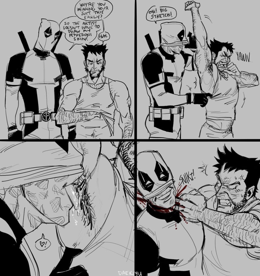 4th_wall_breaking armpit_hair armpit_licking armpits black_and_white burn_scar burn_scars comic comic_page daekiyu daekiyuart deadpool deadpool_&_wolverine_(2024) fourth_wall_broken funny gay hairy_armpits happy_trail male male_only marvel marvel_comics monochrome superhero superhero_costume violence wolverine_(x-men) yawn