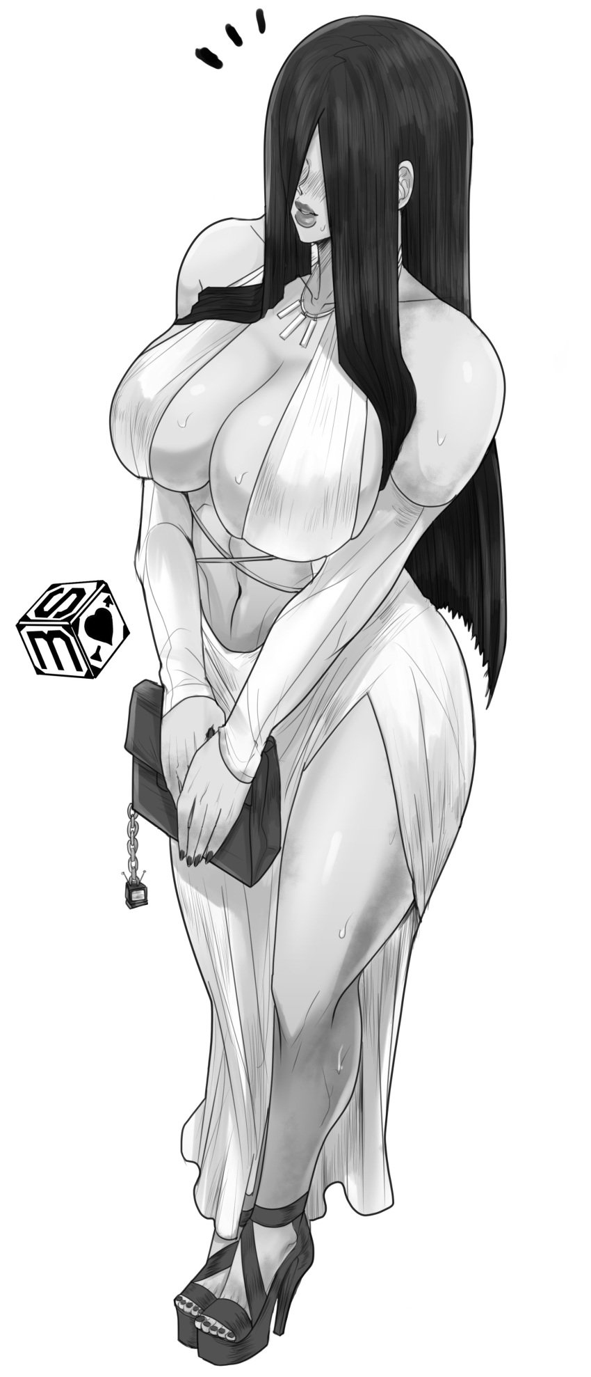 1girls 2d 2d_(artwork) absurdres asian asian_bimbo asian_female bag bare_shoulders bimbo black_hair breasts breasts_out charm cleavage colored_skin curvy_female curvy_hips dress full_body ghost ghost_girl grey_body hair_between_eyes handbag high_heels highres hips hourglass_figure jewelry large_breasts lips lipstick long_hair mature_female mature_woman milf milk necklace nightmare_waifu paag pale-skinned_female pale_skin platform_footwear revealing revealing_clothes seductive sekushimagik shy simple_background smile standing sweat the_ring thick_hips thick_thighs thighhighs thighs voluptuous voluptuous_female wet white_background white_dress yamamura_sadako