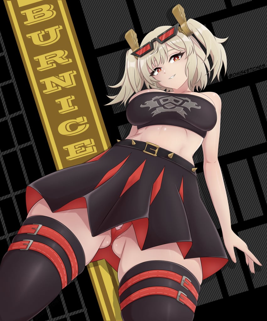 absurd_res background belt blonde_female blonde_hair boob_squish breasts burnice_white dmdemon looking_at_viewer looking_down mihoyo pantyshot perspective perspective_shot red_eyes red_panties shades smirk spiked_belt studded_belt sunglasses sunglasses_on_head thigh_squish thigh_strap thighhighs tubetop twintails upskirt zenless_zone_zero