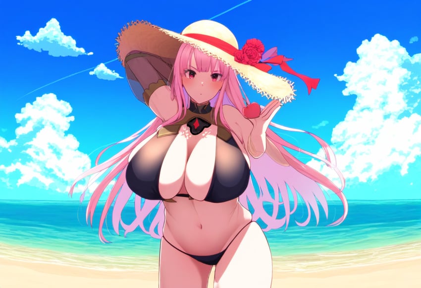 absurd_res ai_generated anthro beach big_breasts bikini black_bikini black_clothing black_swimwear breasts cleavage clothed clothing cloud detailed_background female flower hair hat headgear headwear hellsonger hi_res hololive hololive_english huge_breasts human long_hair looking_at_viewer mammal mori_calliope navel outside pink_eyes pink_hair plant red_eyes rose_(flower) sand sea seaside sky solo swimwear virtual_youtuber water