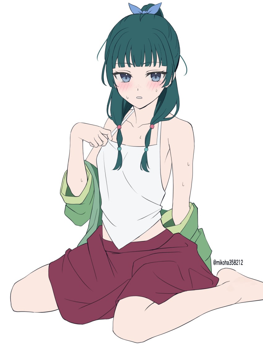 bare_arms bare_legs bare_shoulders bare_thighs barefoot blue_hair blush breasts chinese_clothes clothes_down collarbone feet freckles green_hair kusuriya_no_hitorigoto long_hair maomao_(kusuriya_no_hitorigoto) mikoha358212 parted_lips ponytail sitting skirt small_breasts sweat sweaty_body tank_top thighs twintails white_background white_tank_top