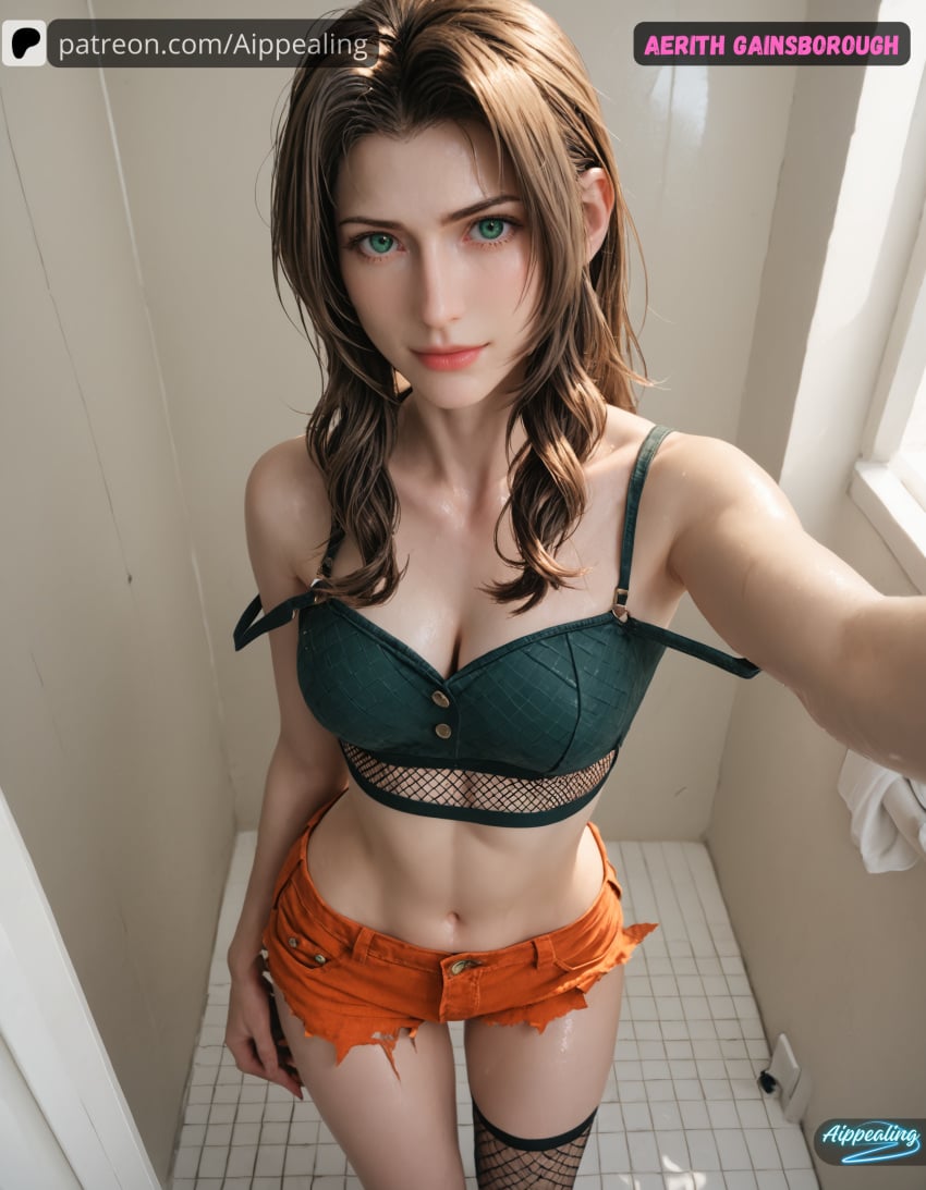 aerith_gainsborough ai_generated aippealing crop_top female female_focus female_only final_fantasy final_fantasy_vii final_fantasy_vii_remake human minishorts navel selfie shower