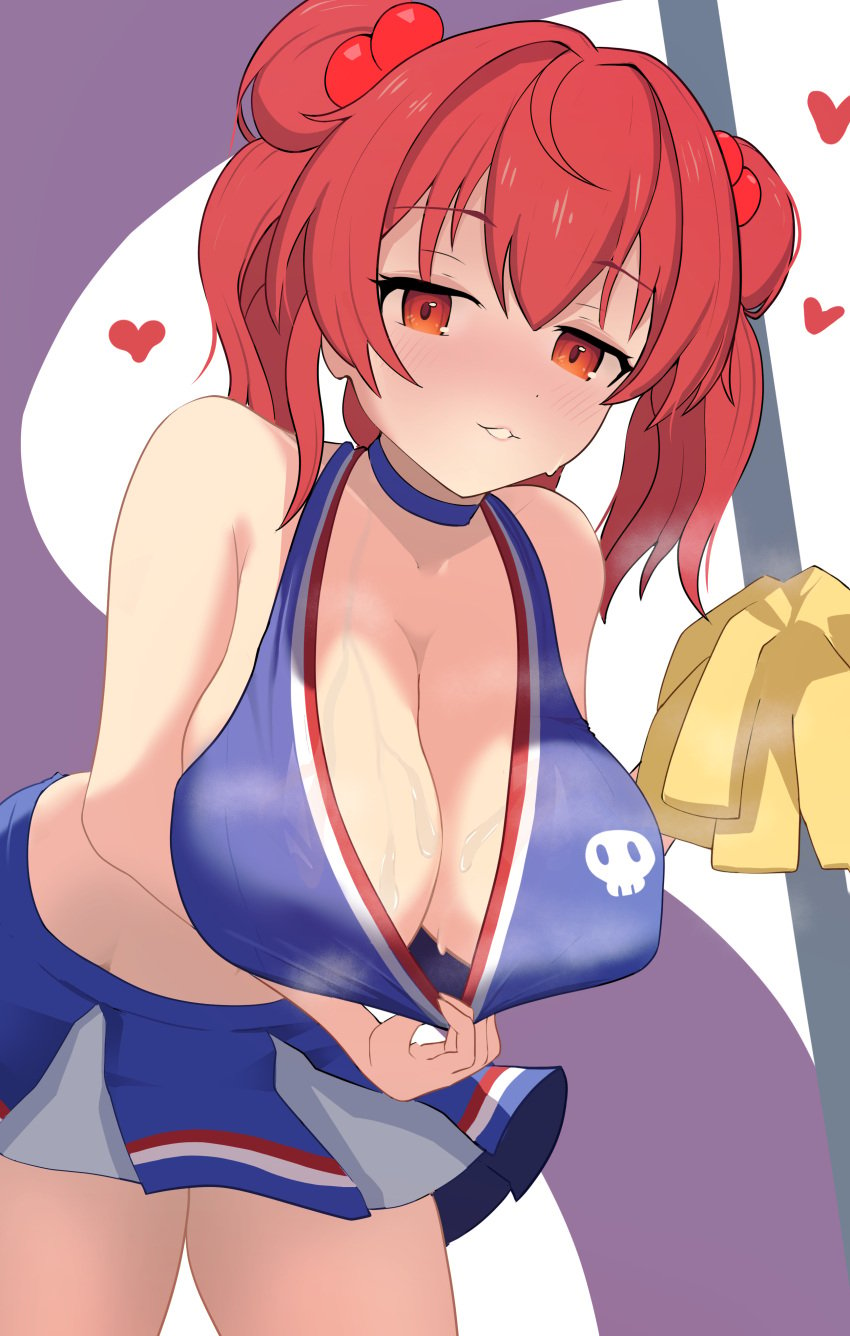 1girls big_breasts breasts cheerleader cheerleader_outfit cheerleader_uniform cleavage huge_breasts komachi_onozuka large_breasts looking_at_viewer onozuka_komachi onozuka_komachi_(happy-to-listen_cheer-up_guide) red_eyes red_hair rioku solo solo_female solo_focus sweat sweaty sweaty_breasts teasing teasing_viewer touhou touhou_lost_word twintails