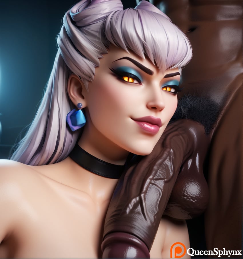 1boy 1girl 1girls ai_generated dark-skinned_male dark_skin evelynn female glowing_eyes interracial k/da_all_out_evelynn k/da_all_out_series k/da_evelynn k/da_series large_penis league_of_legends light-skinned_female light_skin looking_at_viewer male penis_on_face precum queensphynx riot_games slit_pupils smirk veiny_penis white_hair yellow_eyes