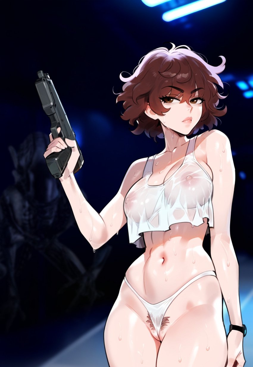 ai_generated alien_(franchise) blurry_background brown_eyes brown_hair crop_top crop_top_overhang ellen_ripley gun highleg_panties holding_gun jagat_ai looking_to_the_side medium_breasts nipples nipples_visible_through_clothing panties pubic_hair pubic_hair_peek see-through see-through_clothing see-through_top short_hair solo_female solo_focus sweat sweatdrop sweating underwear underwear_only wedgie xenomorph