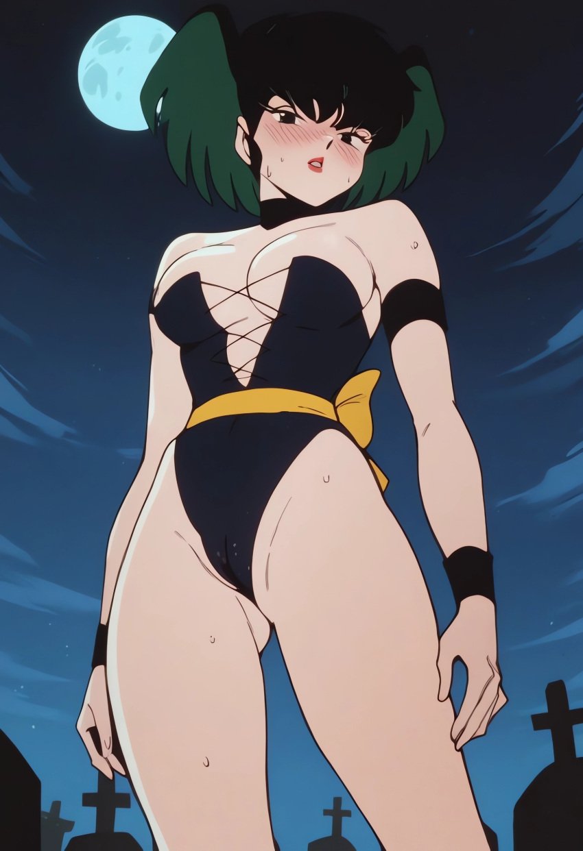 ai_generated big_breasts black_eyes black_hair blush breasts civitai corset from_below front_view graveyard green_hair half-closed_eyes kurama_(urusei_yatsura) moon night open_mouth sweat urusei_yatsura