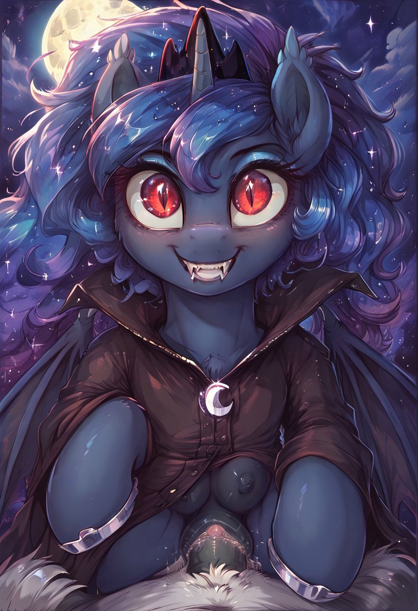 above_average_crotchboobs ai_generated alicorn bat_pony bat_wings blue_body blue_hair crotchboobs crown equine equine_anus equine_pussy female female_focus female_on_top feral feral_on_feral feral_penetrated feral_penetrating friendship_is_magic gray_fur hooves leather_clothing male moon my_little_pony nipples non-human_areolae penetration penis_in_pussy pony pony_ears princess_luna_(mlp) red_eyes sex sparkling_hair vampire_costume