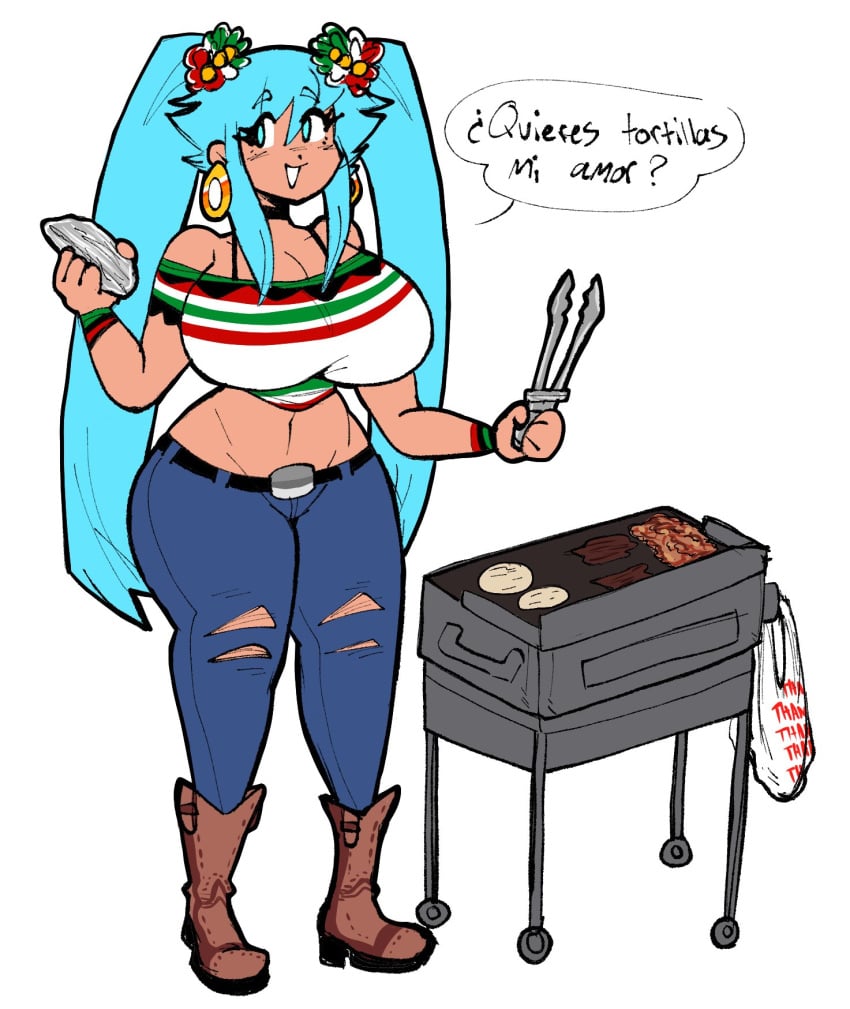 big_breasts boots breasts cleavage clothing cyan_eyes cyan_hair dork_boi earrings female flower_in_hair green_flower grill hatsune_miku latin_american_hatsune_miku_(meme) lewd_dorky long_hair meat mexican mexican_female mexican_miku red_flower thick_hips thick_thighs thighs tongs torn_clothing torn_pants tortillas twintails vocaloid white_flower wide_hips