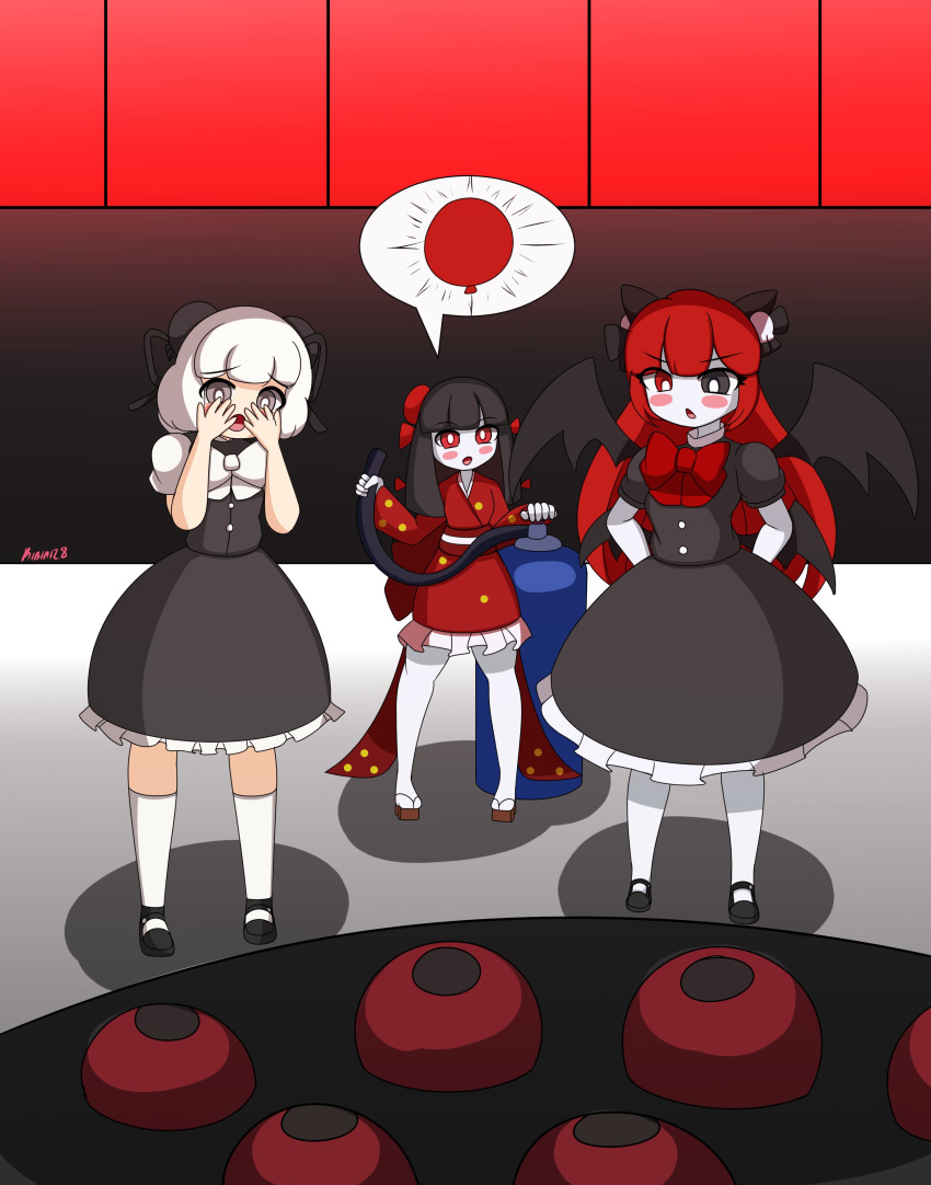 3girls air_pump balloon black_hair chihedo_musubi devil_horns female_only heterochromia inflation kimono nyanyamo_daowa red_eyes red_hair ribimi28 towelket_one_more_time warawau_nyamunyamu white_hair wings