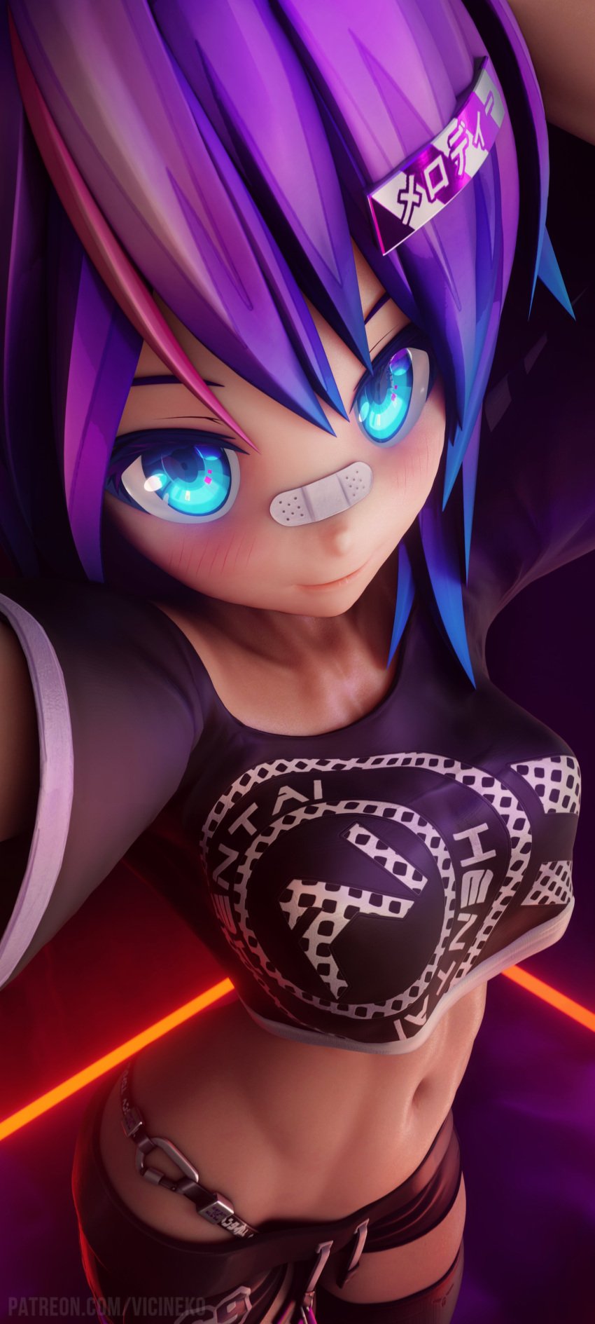 3d 3d_(artwork) arms_up bandaid_on_face bare_stomach belly_button blue_eyes crop_top female female_only hair_ornament melody_(projektmelody) patreon_username projektmelody purple_hair short_shorts thighhighs vicineko virtual_youtuber vshojo