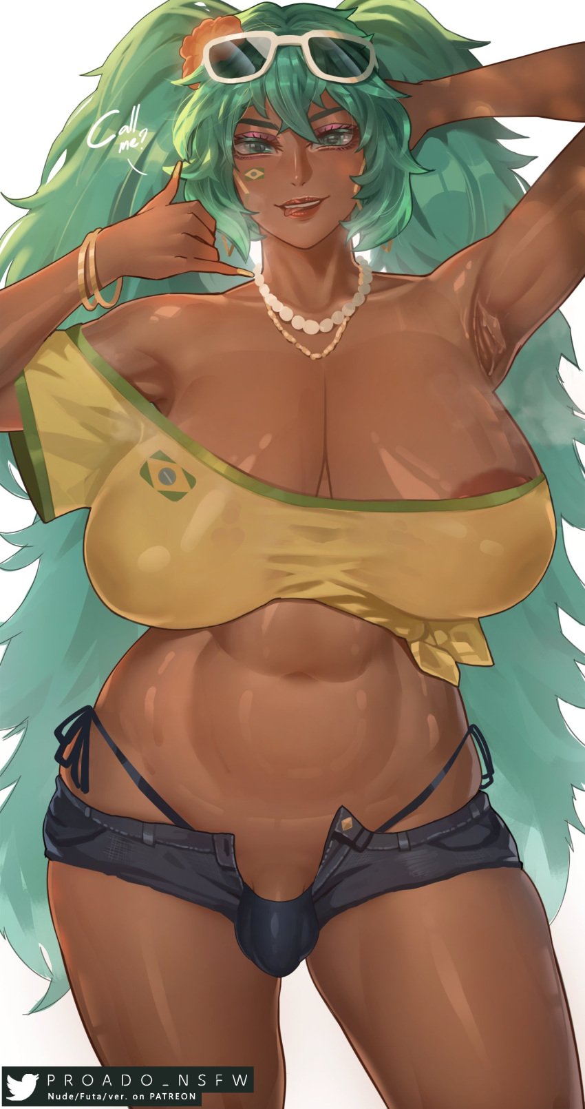 1futa areola areola_slip armpits ass big_areola big_ass big_breasts big_thighs brazil brazilian brazilian_futa brazilian_miku breasts bulge butt call_me_gesture clothed clothing cyan_eyes cyan_hair dark-skinned_futanari dark_skin dickgirl female futa_only futanari gigantic_breasts hatsune_miku huge_ass huge_thighs latin_american_hatsune_miku_(meme) long_hair looking_at_viewer mostly_nude panties penis penis_peek proado shirt shorts solo standing tagme tan tan_body thick_hips thick_thighs thighs thong twintails vocaloid yellow_shirt