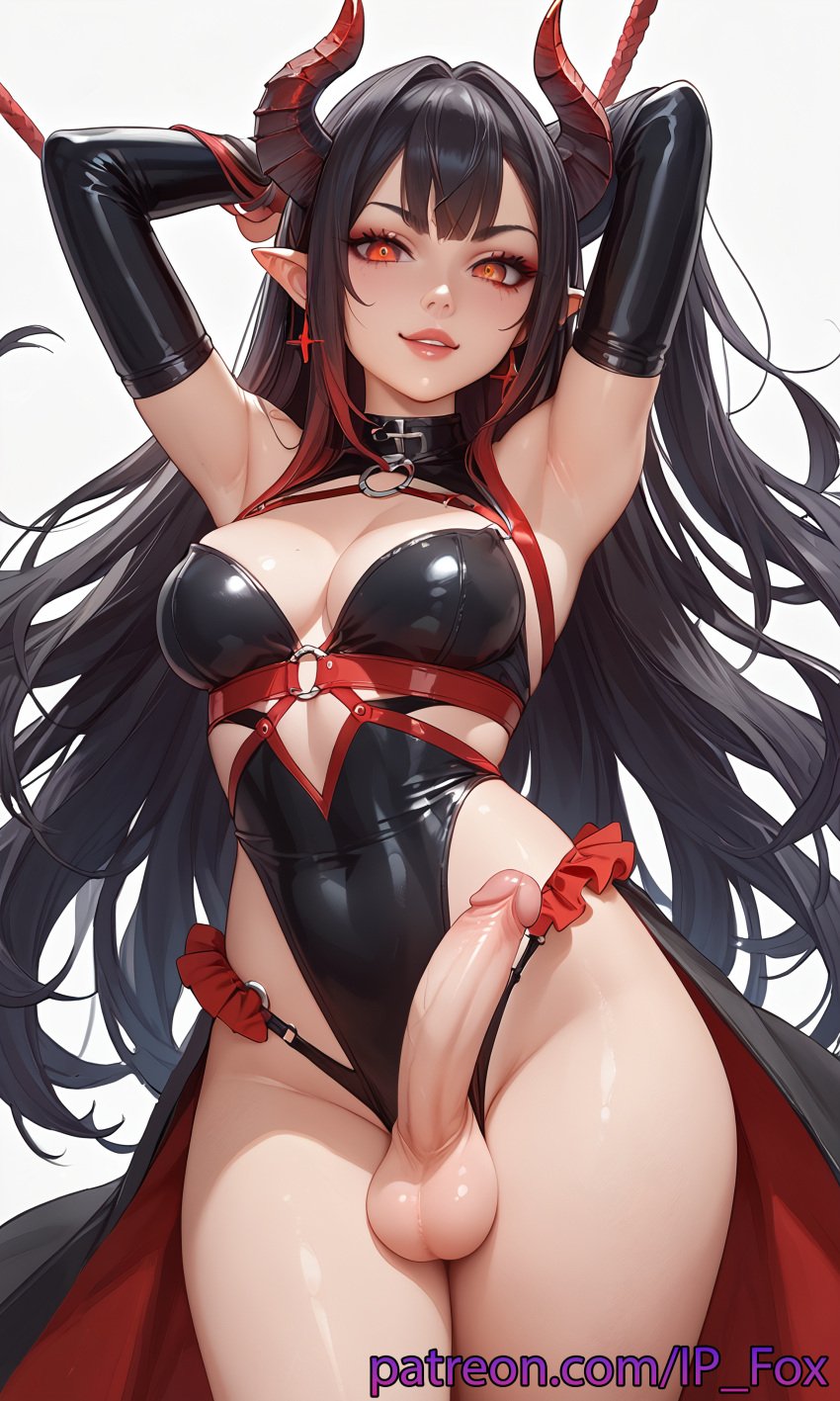 1futa ai_generated armpits balls big_cock big_dick big_penis black_hair breasts demon_girl earrings elf_ears erect_penis erection futa_focus futa_only futa_sans_pussy futadom futanari hi_res high_resolution highres horns huge_cock ip_fox latex_clothing latex_gloves long_hair looking_at_viewer multicolored_horns original_character patreon_link patreon_url patreon_username penis red_eyes smile taker_pov uncensored url watermark web_address