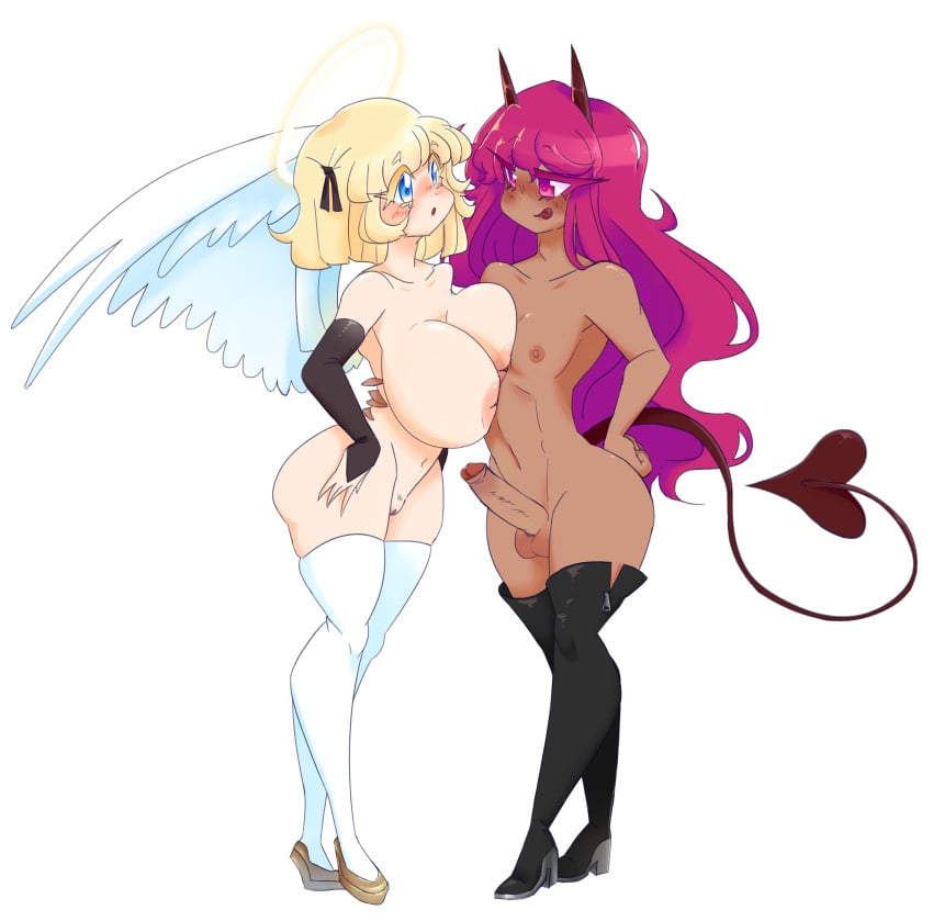 1boy 1boy1girl angel angel_girl angel_wings blonde_hair blue_eyes blush boots byternomar cock demon demon_boy devil female femboy_on_female halo horns inverted_nipples large_breasts licking_own_lips long_hair mostly_nude naked nipples nude nude_female nude_male original pale_skin short_hair stockings tail tan_body thighhighs