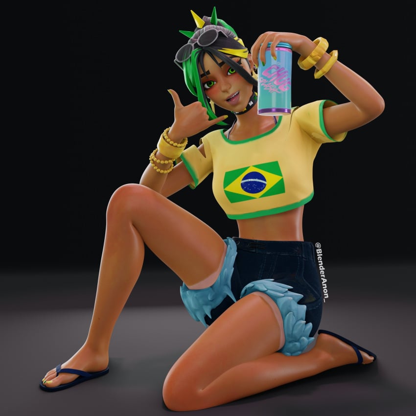 1girls 3d bikini_tan black_background blender blender_(software) blenderanon_ brazil brazilian brazilian_flag brazilian_miku_(cosplay) daisy_dukes dark-skinned_female feet female fortnite fortnite:_battle_royale glasses_on_head green_eyes helsie_(fortnite) holding_drink holding_object latin_american_hatsune_miku_(meme) looking_at_viewer meme midriff multicolored_hair solo solo_female solo_focus tagme tan_body tan_line tan_lines tanline tanlines tanned tanned_body tanned_female tanned_girl thighs thin_waist toes watermark