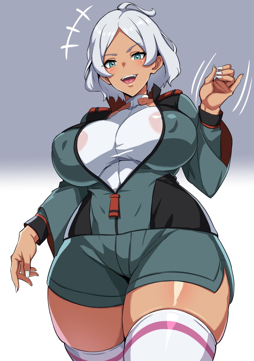 1girls aqua_eyes breasts brown_skin curvy_body dark-skinned_female dark_skin futough45 grey_hair gundam gundam_suisei_no_majo large_breasts leotard looking_at_viewer nipples secelia_dote short_hair solo white_leotard wide_hips