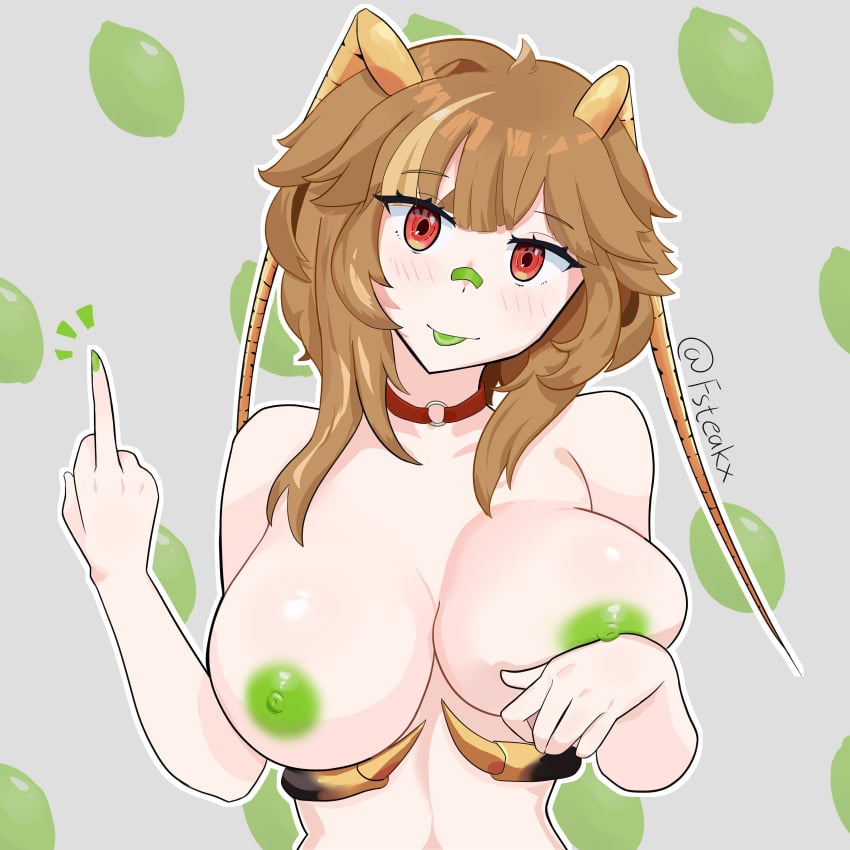 1girls antennae_(anatomy) areolae bandaid_on_nose breasts bug_girl centipede_girl eyebrows_visible_through_hair fsteakx_(fsteakc) green_nail green_tongue huge_breasts indie_virtual_youtuber insect_girl light-skinned_female light_skin looking_at_viewer middle_finger monster_girl naiyospede nipples red_eyes solo tongue tongue_out virtual_youtuber