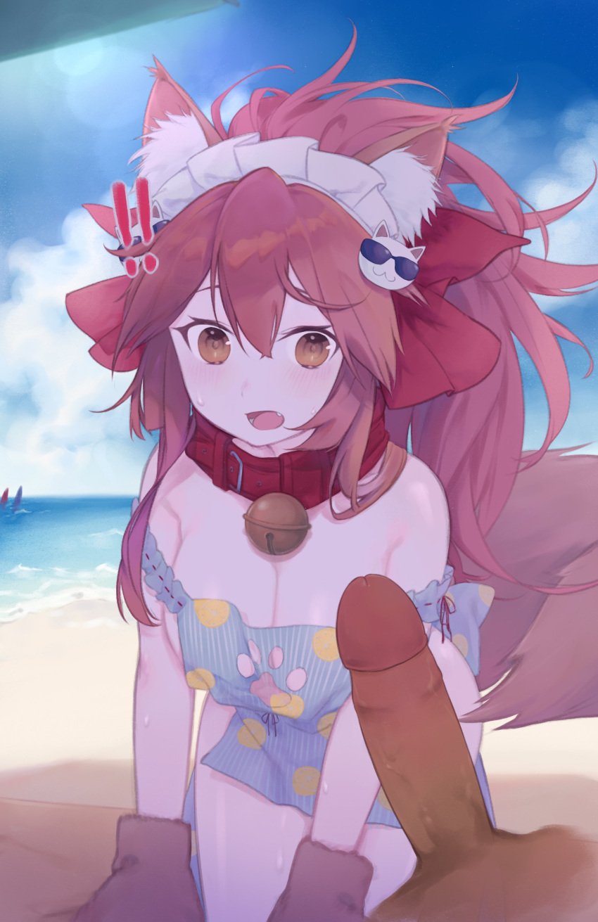 ! !! 1boy absurdres animal_ear_fluff animal_ears animal_hands apron bare_shoulders beach bell blue_apron blue_sky blush bow breasts cat_hair_ornament cleavage collar daisi_gi erection fate/grand_order fate_(series) female fox_ears fox_girl fox_tail gloves hair_ornament hairbow highres jingle_bell large_breasts long_hair maid_headdress naked_apron neck_bell off_shoulder open_mouth paw_gloves paw_print_cutout penis pink_hair ponytail red_bow shore sidelocks sky solo_focus straight tail tamamo_(fate) tamamo_cat_(fate) tamamo_cat_(poolside_maid)_(fate) uncensored yellow_eyes