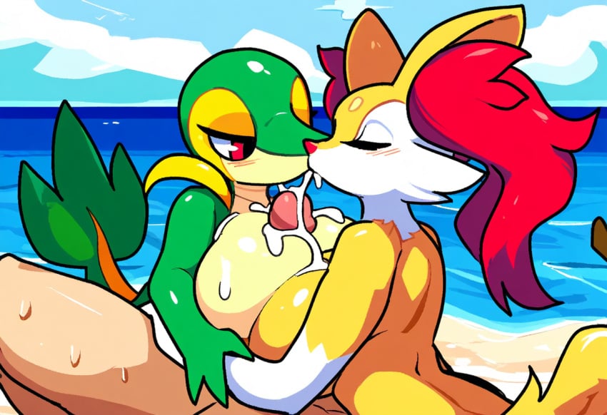 ai_generated anthro beach big_breasts blush bodily_fluids braixen breast_play breast_squish breasts breasts_frottage canid closed_eyes collaborative collaborative_fellatio collaborative_sex collaborative_titfuck cum cum_in_mouth cum_inside cum_on_breasts cumshot detailed_background duo_focus ejaculation erection fellatio female generation_5_pokemon generation_6_pokemon genital_fluids genitals group group_sex hellsonger hi_res interspecies kissing licking male male/female mammal nintendo nipples_touching nude oral orgasm outside paizuri penile penis pokemon pokemon_(species) red_eyes reptile sand scalie sea seaside sex sex_on_the_beach sky snivy squish threesome titfuck titjob tongue tongue_out trio water yellow_body