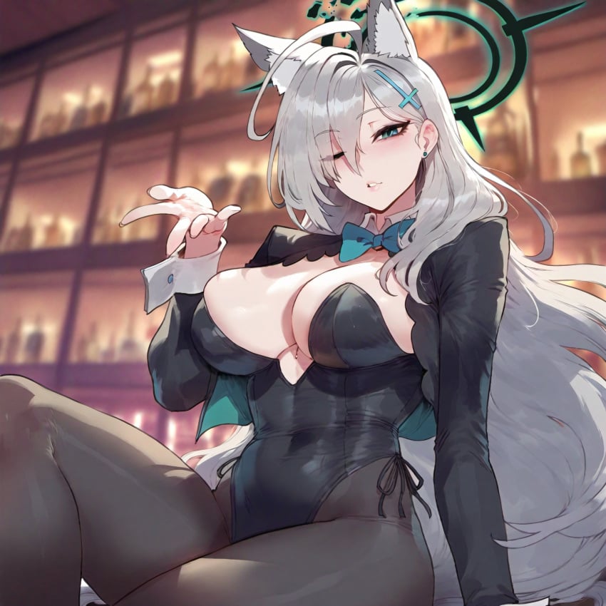 absurd_res abydos_high_school_student ai_generated alternate_costume animal_ears animal_girl bar_(place) blowing_kiss blue_archive bow bunnysuit crossed_legs cuffs hand_up indoor kemonomimi leotard liu_(artist) looking_at_viewer one_eye_closed pantyhose shiroko_(blue_archive) shiroko_(terror)_(blue_archive) sitting solo solo_female solo_focus very_long_hair wink winking_at_viewer wolf_ears