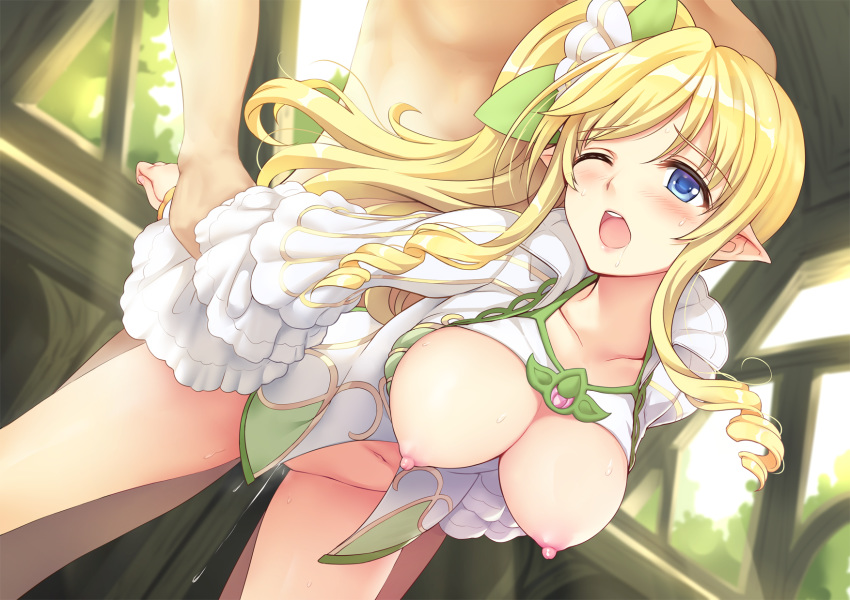 aqua_eyes blonde_hair blush breasts long_hair makuri navel nipples no_bra nopan original pointy_ears ponytail pussy_juice sex wink