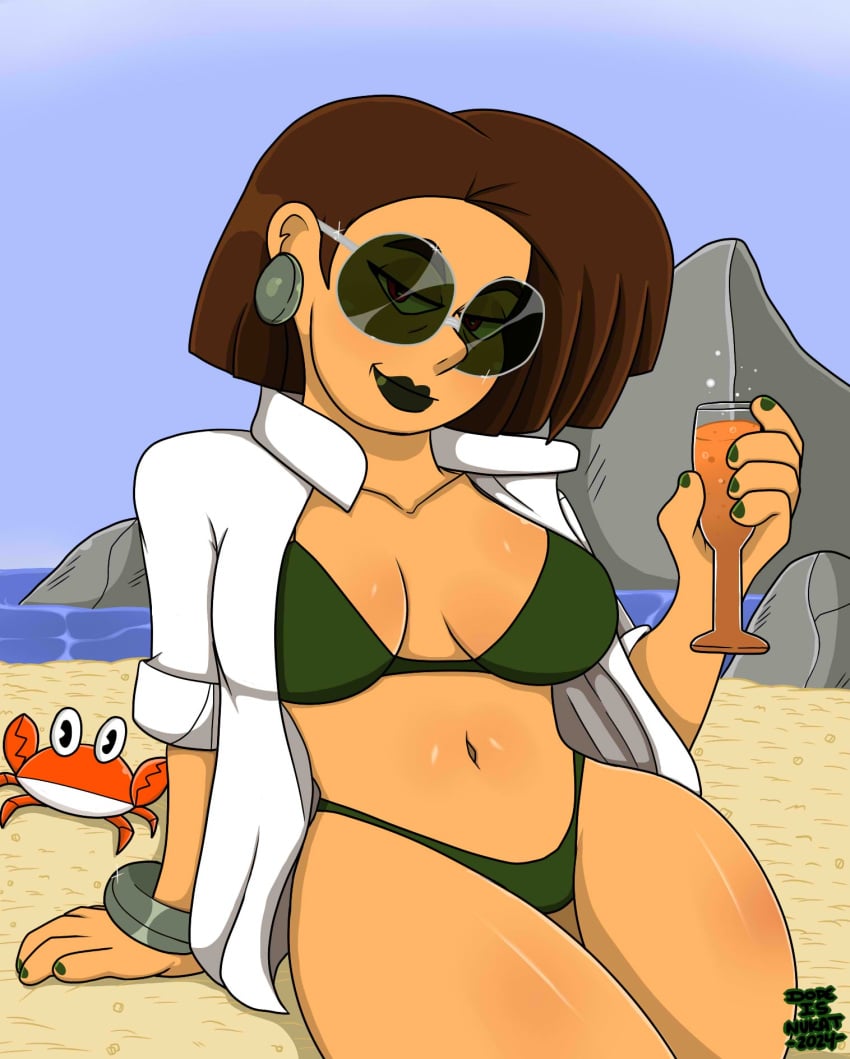 1girls beach brown_hair crab dopeisnukat female green_bikini green_fingernails grey_jewelry light-skinned_female older_female open_shirt original original_character red_eyes rocks sand sfw short_hair sunglasses tracy_ford_(dopeisnukat) water wine_glass