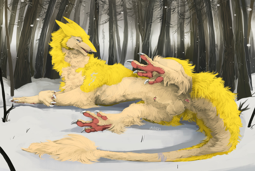 ambiguous_gender animal_genitalia anus balls feral genitals i-psilone looking_at_viewer lying male on_side outside pawpads plant raised_tail sergal sheath snow solo spread_legs spreading tail tree