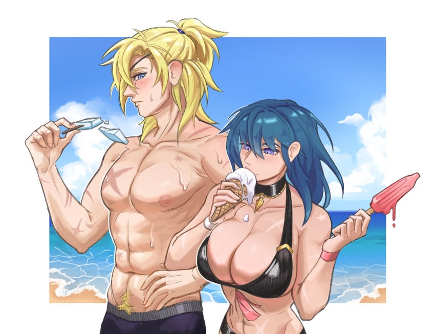 1boy 1girls abs alternate_costume alternate_hairstyle bare_arms bare_shoulders beach bikini black_bikini black_swimsuit blonde_hair blue_eyes blush breasts byleth_(female)_(summer)_(fire_emblem) byleth_(fire_emblem) byleth_(fire_emblem)_(female) cleavage clumsy collarbone dimitri_alexandre_blaiddyd embarrassed eyepatch female fire_emblem fire_emblem:_three_houses fire_emblem_heroes food food_on_body food_play hair_between_eyes huge_breasts ice_cream ice_cream_on_breasts male male_pubic_hair male_swimwear medium_hair milkbar muscular muscular_male nervous nintendo ocean official_alternate_costume outdoors ponytail popsicle pubic_hair pubic_hair_peek scar short_hair shoulders sideboob sweat swim_trunks swimsuit teal_hair yellow_hair