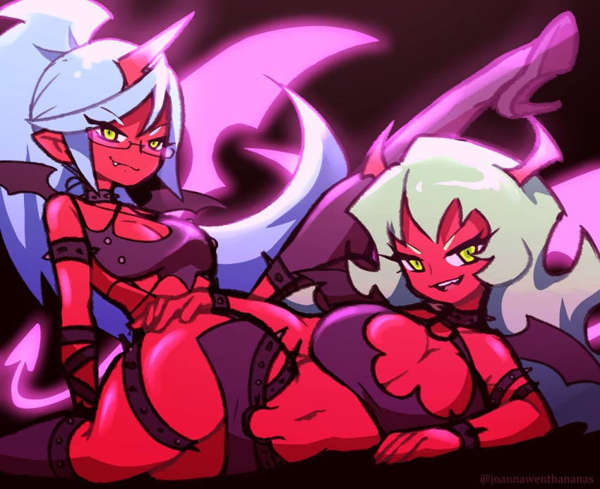 2demons 2girls big_ass big_breasts blue_hair breasts demon demon_girl demon_girls demon_horns demoness female_focus green_hair huge_breasts jojowentbananas kneesocks_daemon long_hair panty_&_stocking_with_garterbelt red_skin scanty_daemon thick_thighs thighs wide_hips