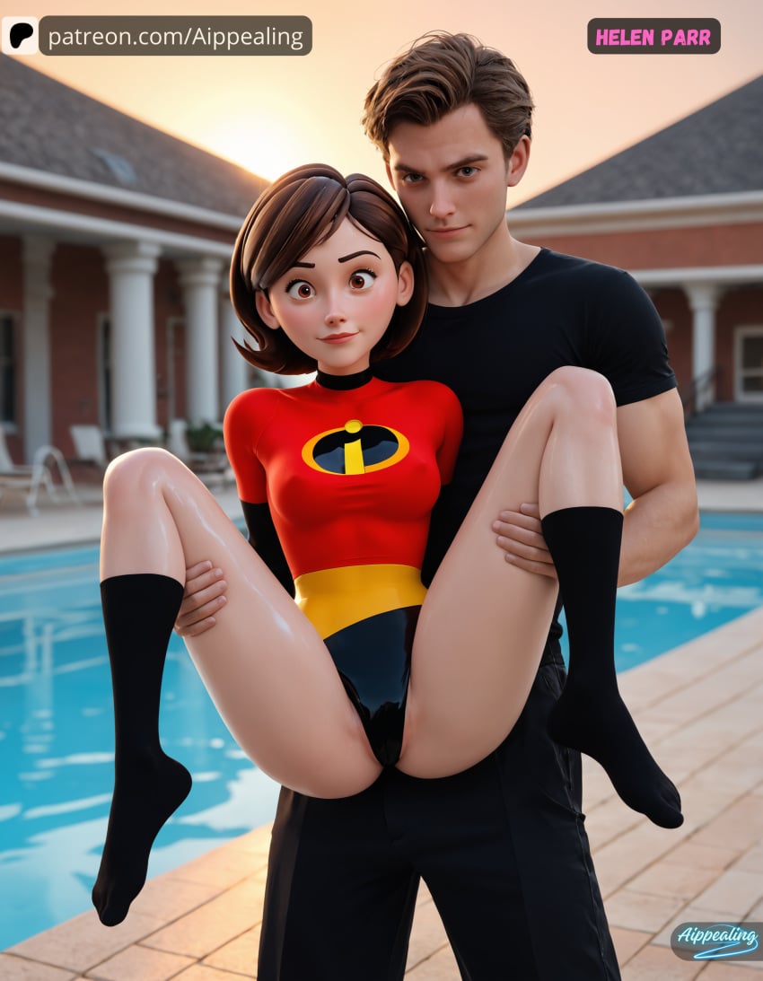 1boy 1girls ai_generated aippealing big_breasts bodysuit cameltoe carrying elastigirl female female_focus full_nelson grabbing helen_parr leotard male milf mommy mother petite spread_legs spreading the_incredibles