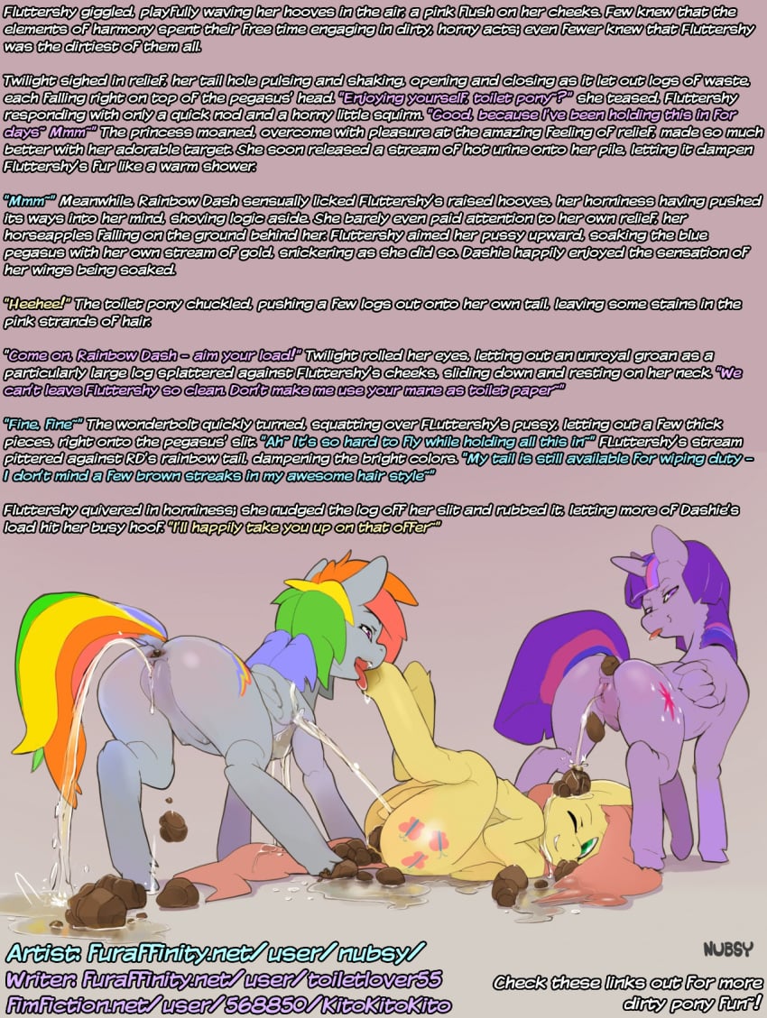 caption consensual english_text female female_only fluttershy_(mlp) golden_shower group hoof_lick kitokitokito marking my_little_pony nubsy peeing peeing_on_another peeing_on_floor pony pooping_on_another pooping_on_floor rainbow_dash_(mlp) scat text twilight_sparkle_(mlp) url watersports yuri