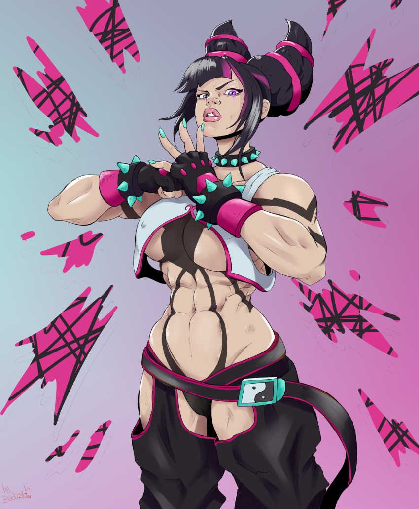 1girls alex_zakia badzaba belt big_breasts big_lips female female_only fit fit_female front_view human juri_han looking_at_viewer navel solo standing street_fighter ying_yang_symbol