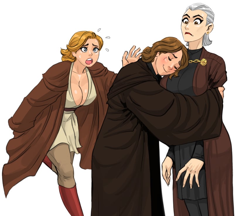 2girls anakin_skywalker big_breasts blush brown_eyes brown_hair cleavage closed_eyes count_dooku flick flick-the-thief gray_eyes hugging jedi jedi_robes obi-wan_kenobi open_mouth orange_hair robe rule_63 scar star_wars sweatdrop white_hair