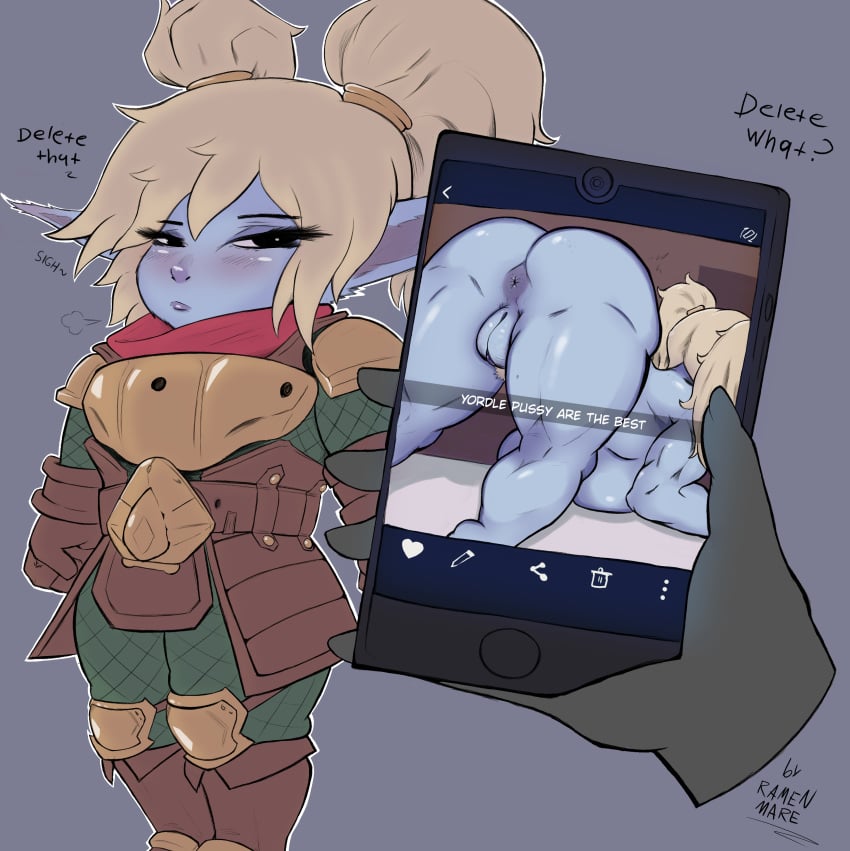 amoral_sociedad anus armor ass blonde_hair blue_skin cellphone completely_nude league_of_legends muscular_female poppy pov pubic_hair pussy shortstack yordle