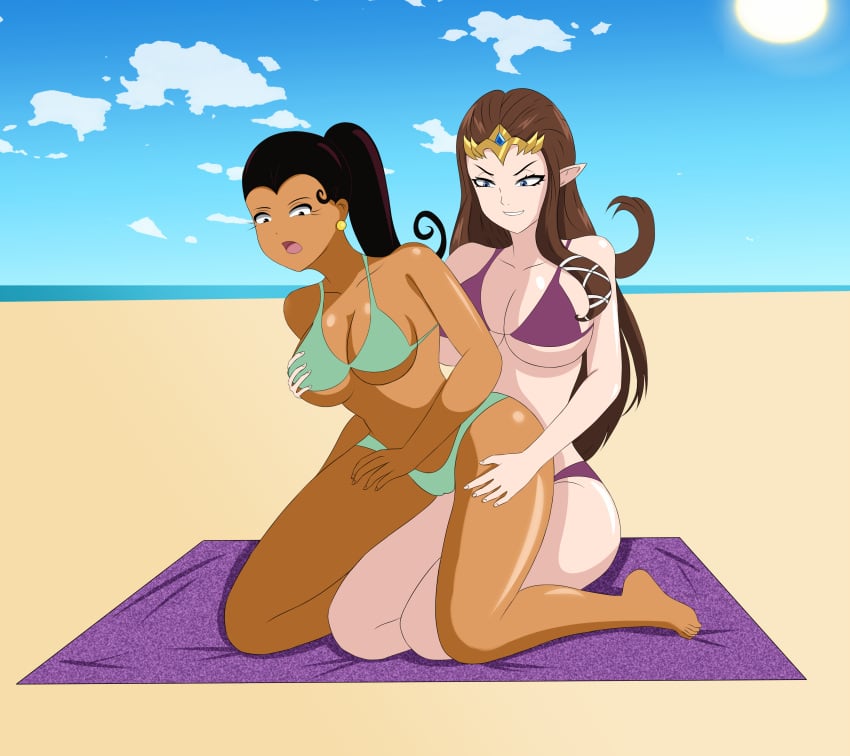 2girls anoneysnufftan applying_sunscreen beach beach_towel bikini brown_hair carlota_casagrande crossover dark-skinned_female dark_skin earring eastern_and_western_character edasbild elf_ears embarrassed female female_only humiliation imminent_death jewelry killer_lotion latina long_hair massage murder nickelodeon nintendo peril princess_zelda punishment rubbing sand snuff summer sunbathing swimsuit the_casagrandes the_legend_of_zelda tiara towel twilight_princess zelda_(twilight_princess)