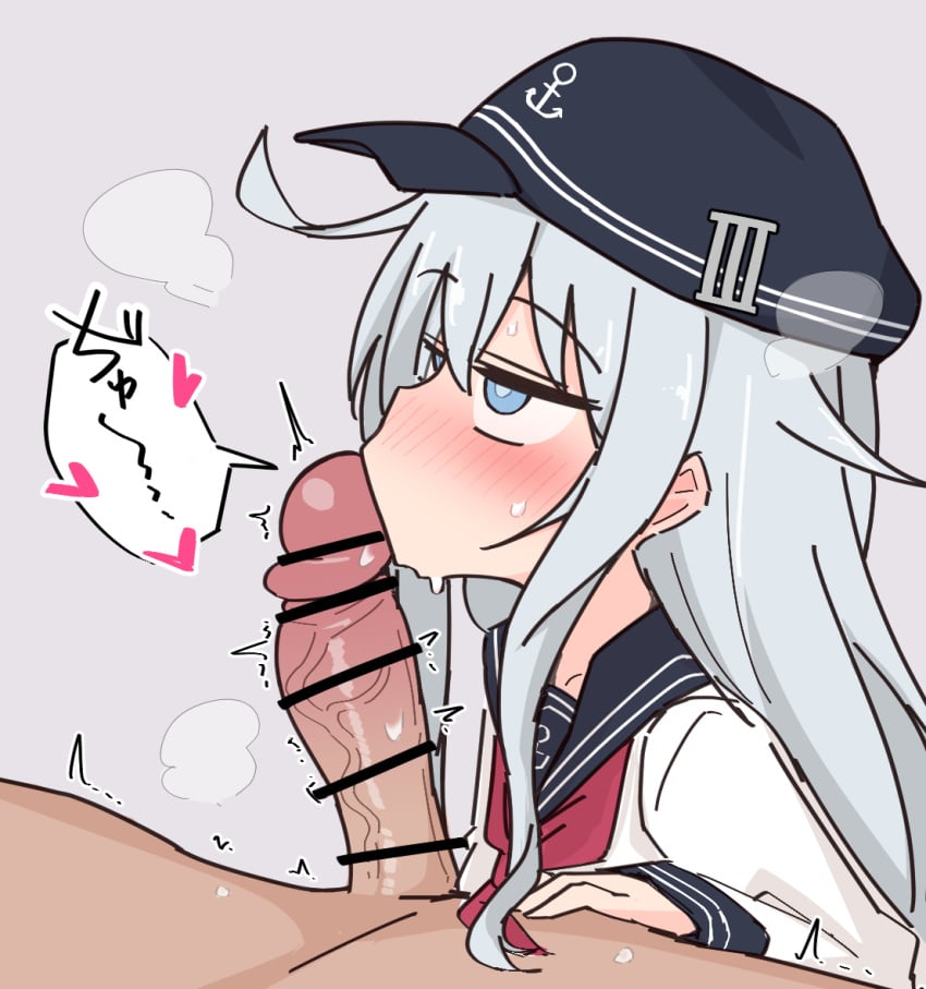 1boy ahoge ame_(amechan17391739) bar_censor blue_eyes blush censored fellatio female glansjob hibiki_(kantai_collection) kantai_collection kissing_penis long_hair male male/female oral penis school_uniform serafuku sidelocks simple_background steam steaming_body straight white_background white_hair