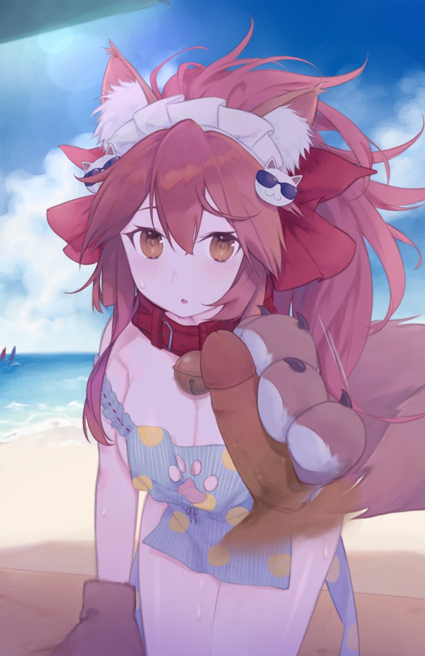 1boy absurdres animal_ear_fluff animal_ears animal_hands apron bare_shoulders beach bell blue_apron blue_sky blush bow breasts cat_hair_ornament cleavage collar daisi_gi erection fate/grand_order fate_(series) female fox_ears fox_girl fox_tail gloved_handjob gloves hair_ornament hairbow handjob highres jingle_bell large_breasts long_hair looking_at_viewer maid_headdress naked_apron neck_bell off_shoulder open_mouth paw_gloves paw_print_cutout penis pink_hair ponytail red_bow shore sidelocks sky solo_focus straight tail tamamo_(fate) tamamo_cat_(fate) tamamo_cat_(poolside_maid)_(fate) uncensored yellow_eyes