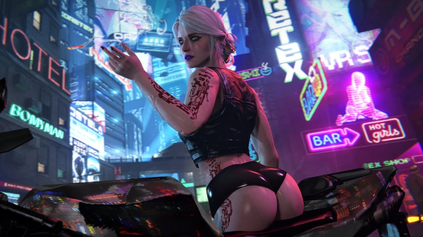 1girls 3d absurdres artist_name ass bad_id bad_tumblr_id bare_arms bare_midriff bomyman booty_shorts bubble_butt cd_projekt_red circuit_markings ciri city_background cyberpunk cyberpunk_(series) cyberpunk_2077 eyeshadow female female_focus female_only green_eyes highres jacket latex lipstick looking_away looking_back looking_over_shoulder motorbike motorcycle nail_polish neon neon_lights neon_sign painted_fingernails painted_nails panties purple_lipstick rear_view scar short_shorts shorts sitting_on_motorcycle skimpy skimpy_clothes skinny solo source_filmmaker tank_top tattoo tattoo_on_arm tattoo_on_legs the_witcher_(series) the_witcher_3:_wild_hunt tied_hair topwear white_hair year_request