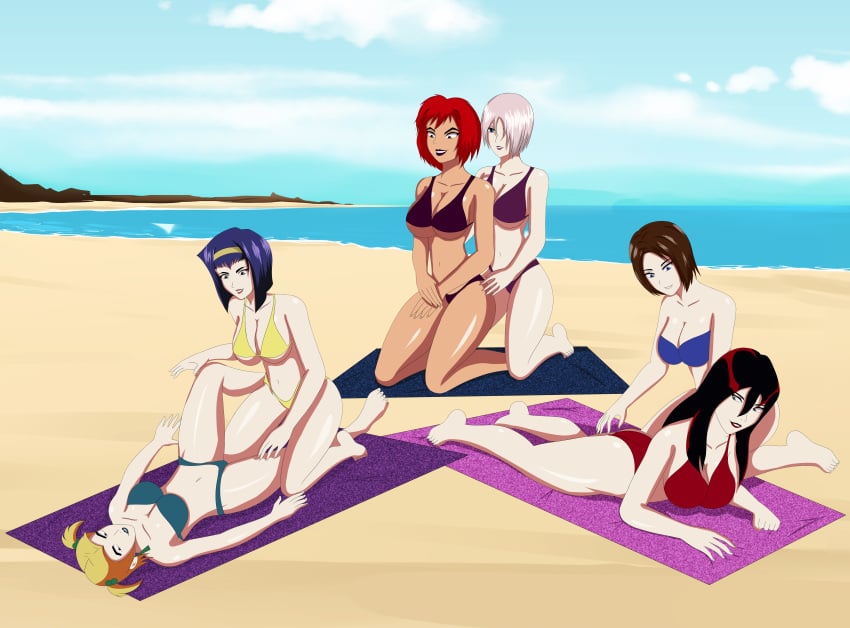 6girls anoneysnufftan applying_sunscreen beach beach_towel bikini blonde_hair blue_eyes blue_hair brown_hair cowboy_bebop crossover dusk_(hex_girls) eastern_and_western_character edasbild embarrassed faye_valentine female female_only goth_girl hair_over_one_eye hex_girls humiliation imminent_death isabella_valentine jill_valentine killer_lotion luna_(hex_girls) massage murder name_connection ocean peril punishment red_hair resident_evil rubbing sand scooby-doo seaside short_hair sky snuff soul_calibur summer sunbathing swimsuit thorn_(hex_girls) towel twintails valentine's_day white_hair