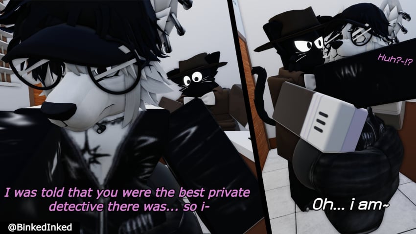 2boys 3d ass binkedinked detective dialogue english_text fat_ass furry gay pulling_down_pants roblox robloxian tagme text thick_thighs twitter_username whiskers wolf