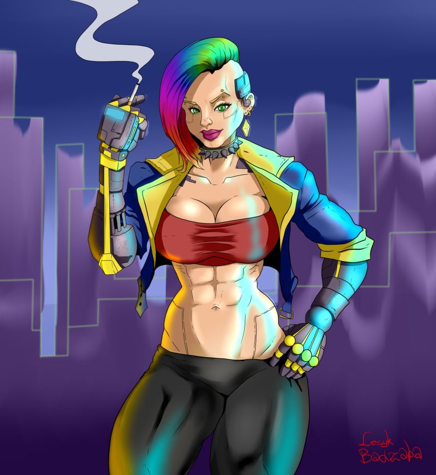 1girls alex_zakia badzaba big_breasts cigarette cyberpunk cyberpunk_2077 female fit fit_female piercing smoking tobacco