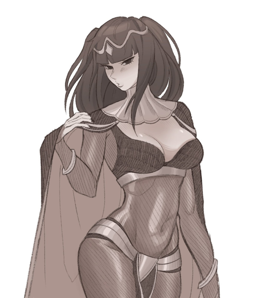 1girls :o bangs black_eyes black_hair blowing_kiss bodystocking breasts bridal_gauntlets cape cleavage covered_navel female female_only fire_emblem fire_emblem_awakening medium_breasts milkbar monochrome nail_polish nintendo open_mouth pelvic_curtain solo tharja_(fire_emblem) thighs white_background