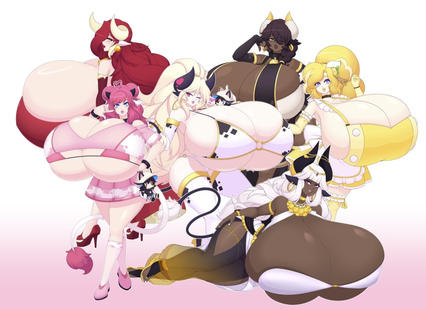 5girls blonde blonde_hair blue_eyes breasts_bigger_than_head character_request dark-skinned_female dark_skin earrings female female_only hoop_earrings horns huge_breasts multiple_girls one_eye_closed only_female original_character pink_eyes pink_hair red_hair riddel tagme tagme_(character) twitter_link white_hair wink