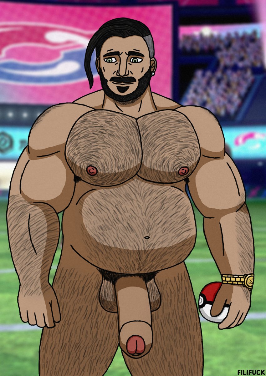 bad_art bara bear beard belly chairman_rose daddy dick dilf disgusting earring filifuck foreskin green_eyes hairy hairy_arms hairy_balls hairy_chest hairy_legs hairy_male male male_focus male_only muscles muscular muscular_arms muscular_male nsfw pecs pokemon pokemon_ss solo_male stadium_background uncircumcised uncut watch what wtf