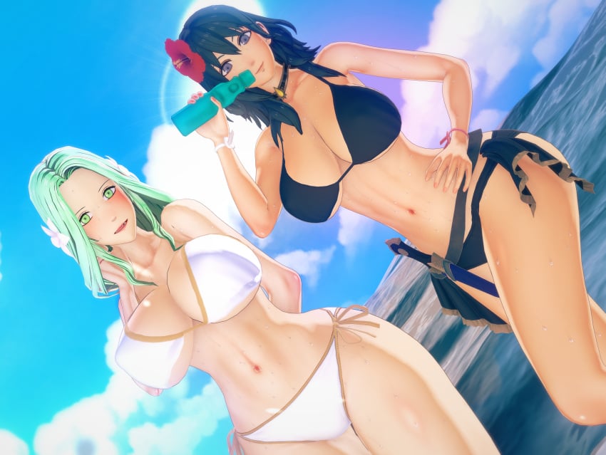 3d alternate_costume bikini black_bikini black_swimsuit breasts byleth_(female)_(summer)_(fire_emblem) byleth_(fire_emblem) byleth_(fire_emblem)_(female) fire_emblem fire_emblem:_three_houses fire_emblem_heroes green_eyes green_hair nintendo official_alternate_costume rhea_(fire_emblem) river_rock summer swimsuit white_bikini white_swimsuit