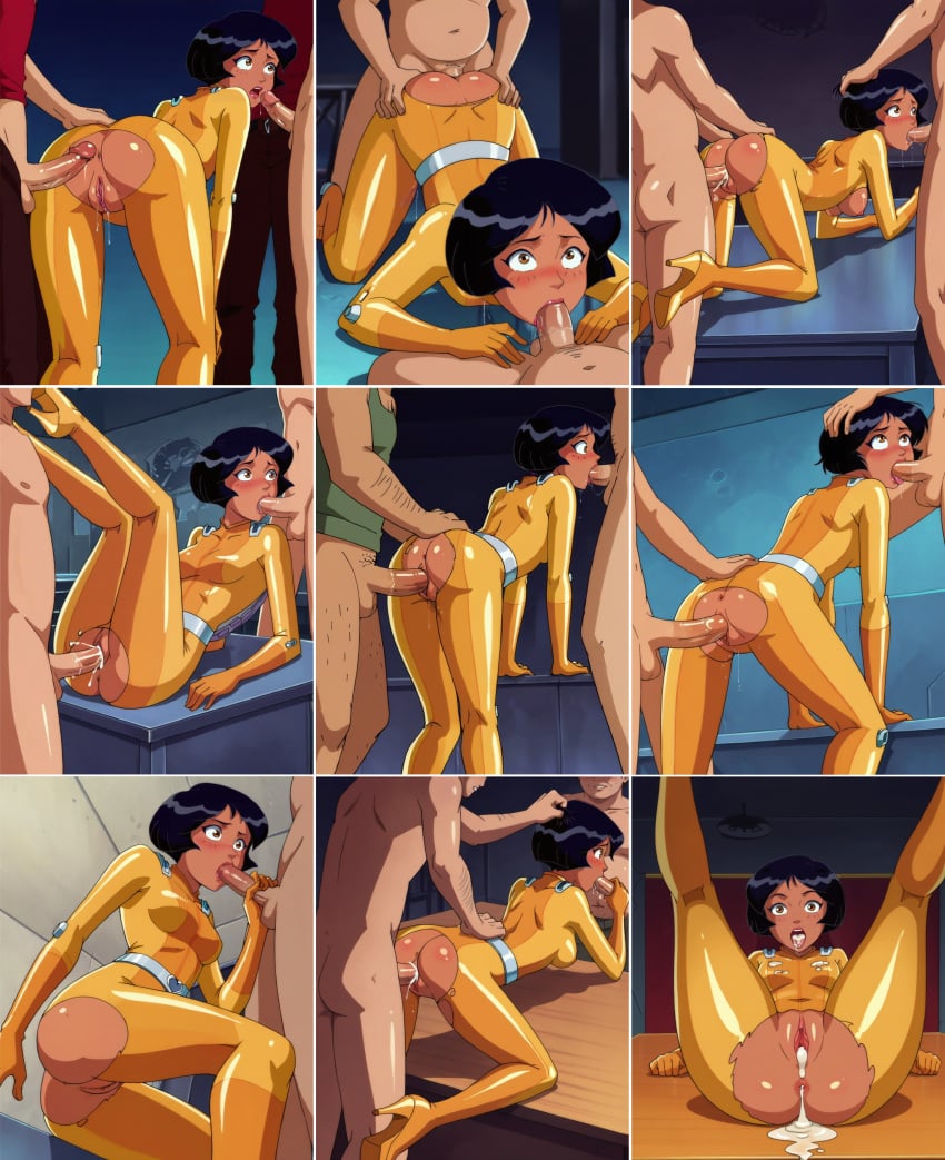 ai_generated alex_(totally_spies) black_hair blowjob creampie cum cum_in_pussy cum_inside doggy_style doggy_style_position doggystyle double_penetration eye_contact heels high_heel_boots high_heels holding_head holding_penis imminent_anal lipstick on_table questionable_consent ripped_bodysuit suit tagme toned_female totally_spies