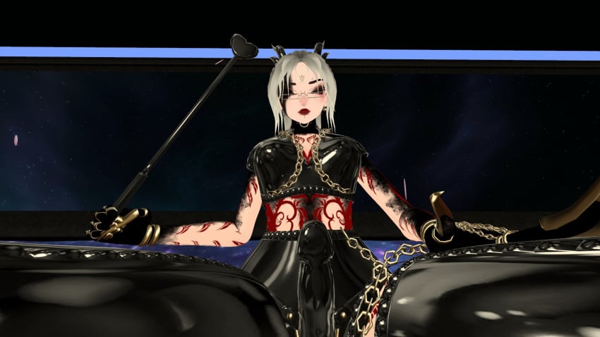 dominant_female dominatrix femdom holding_whip pov_crotch strap-on vrchat vrchat_avatar