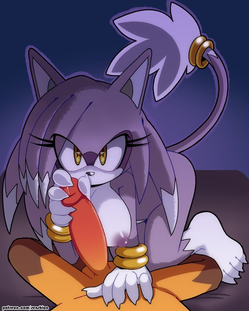 1boy 1girls 2023 amber_eyes animal_ears anthro anthro_on_anthro anthro_only anthrofied areolae artist_name breasts cat_ears cat_tail eyelashes feline feline feline_humanoid female female_focus fur large_breasts male mature_female milf nipples original_character penis purple_fur senshion sonic_oc tail unseen_male_face white_fur